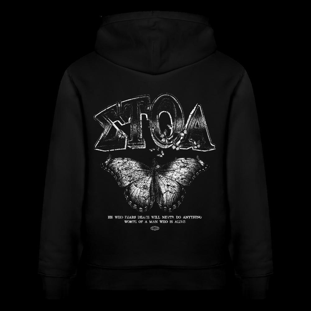 A black hoodie features the word STOA in a Greek-style font above a detailed butterfly graphic, with a quote underneath: He who fears death will never do anything worth of a man who is alive.