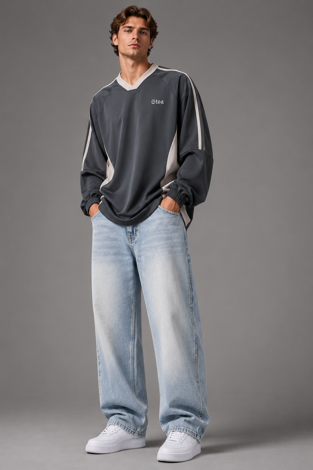 Color-Block V-Neck Long-Sleeve T-Shirt