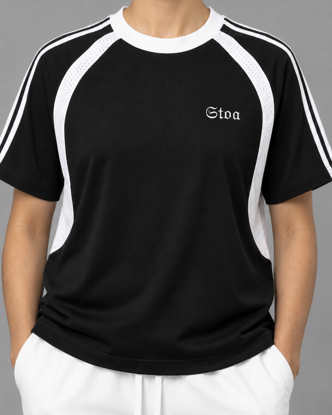 Contrast Stripes Panel Mesh T-shirt