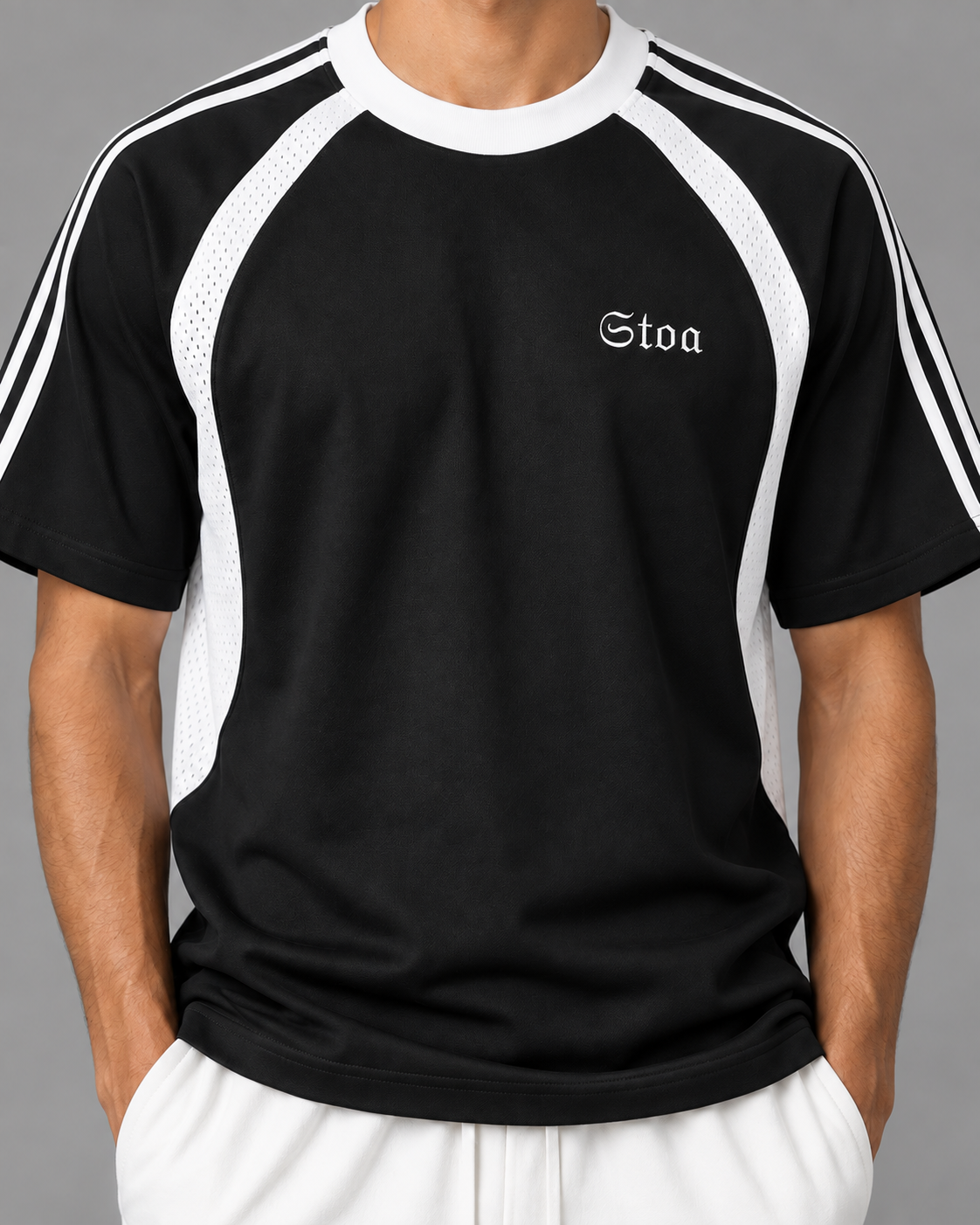 Contrast Stripes Panel Mesh T-shirt