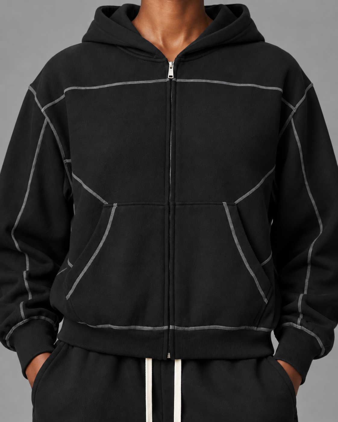 Contrast-Stitched Boxy Fleece Zip Hoodie