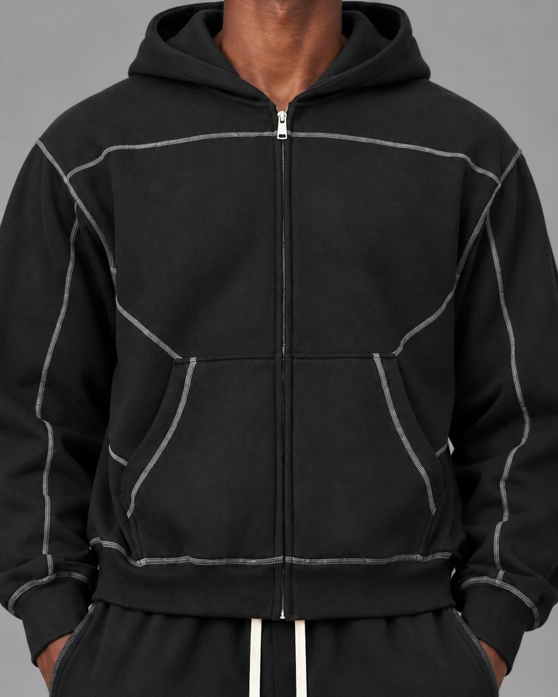 Contrast-Stitched Boxy Fleece Zip Hoodie