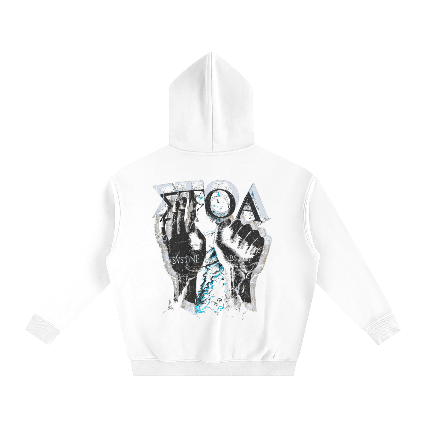 The ODMPOD SVSTINE ET ABSTINE Hoodie is a unisex cotton fleece hoodie with bold back art—two raised fists, SVSTNE on one hand, stylized Greek letters above, and a distressed finish—perfect for Stoicism enthusiasts.