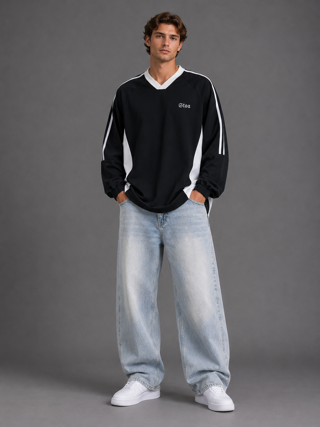 Color-Block V-Neck Long-Sleeve T-Shirt