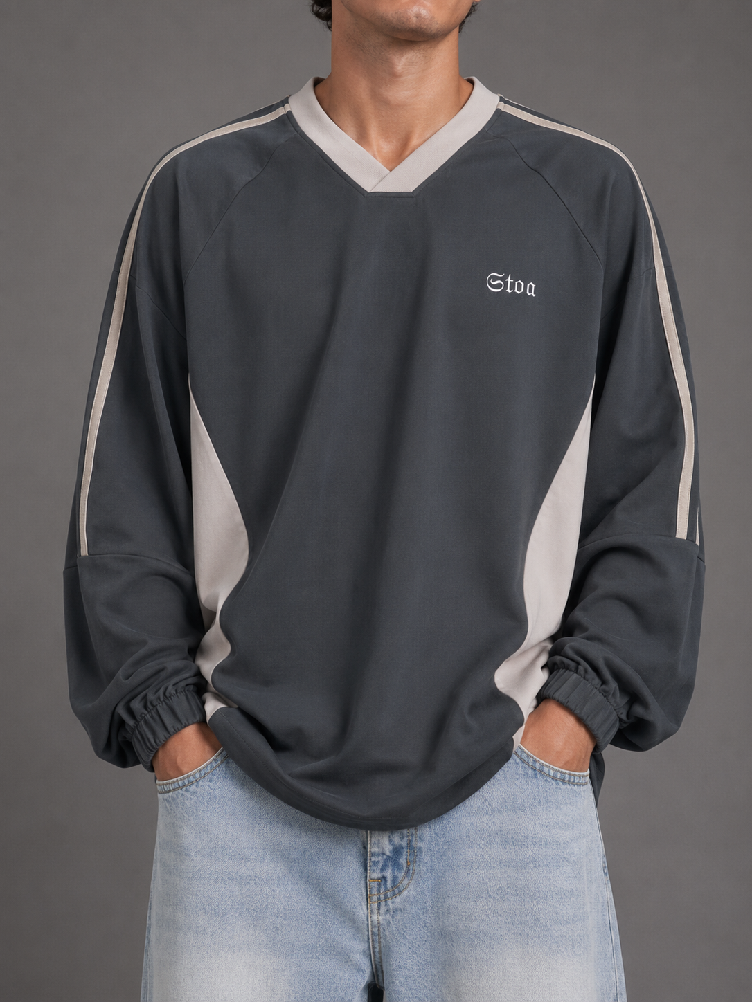 Color-Block V-Neck Long-Sleeve T-Shirt