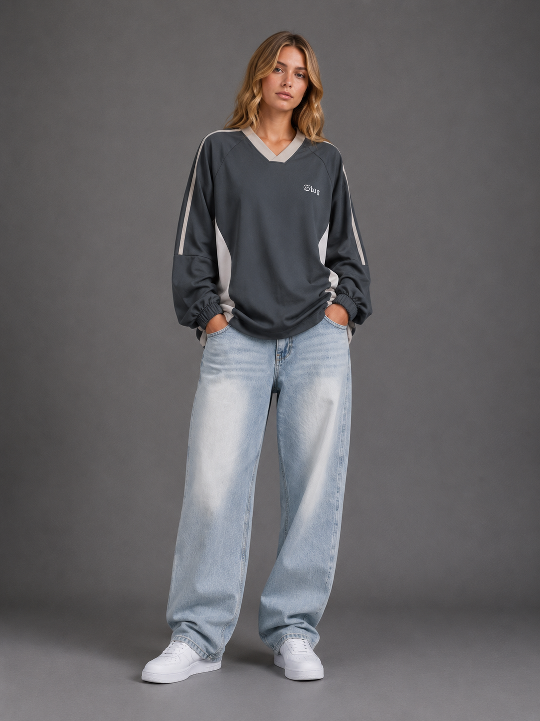 Color-Block V-Neck Long-Sleeve T-Shirt
