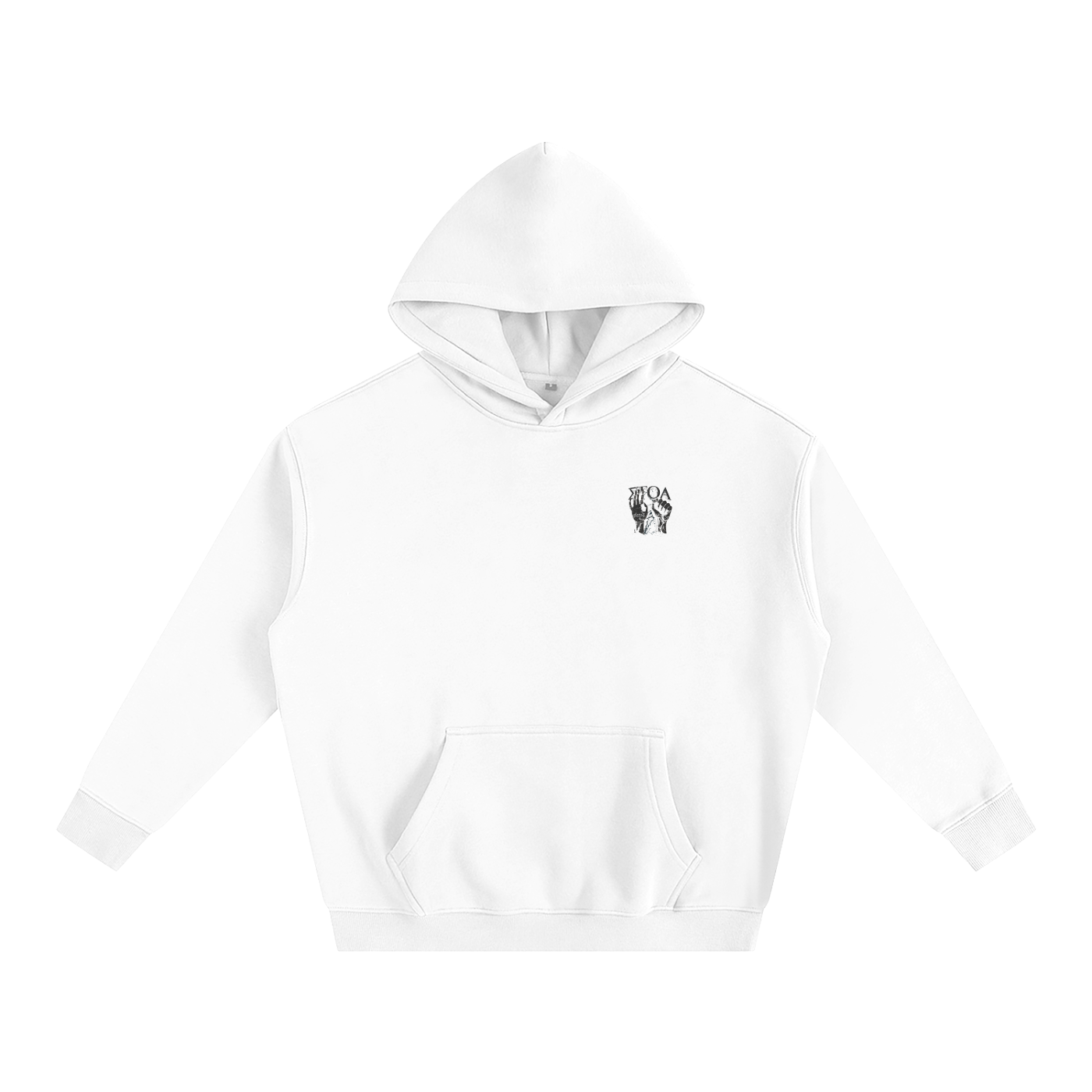 The ODMPOD SVSTINE ET ABSTINE Hoodie is a plain white unisex fleece hoodie featuring a front pocket and a small black and white graphic on the upper left chest.
