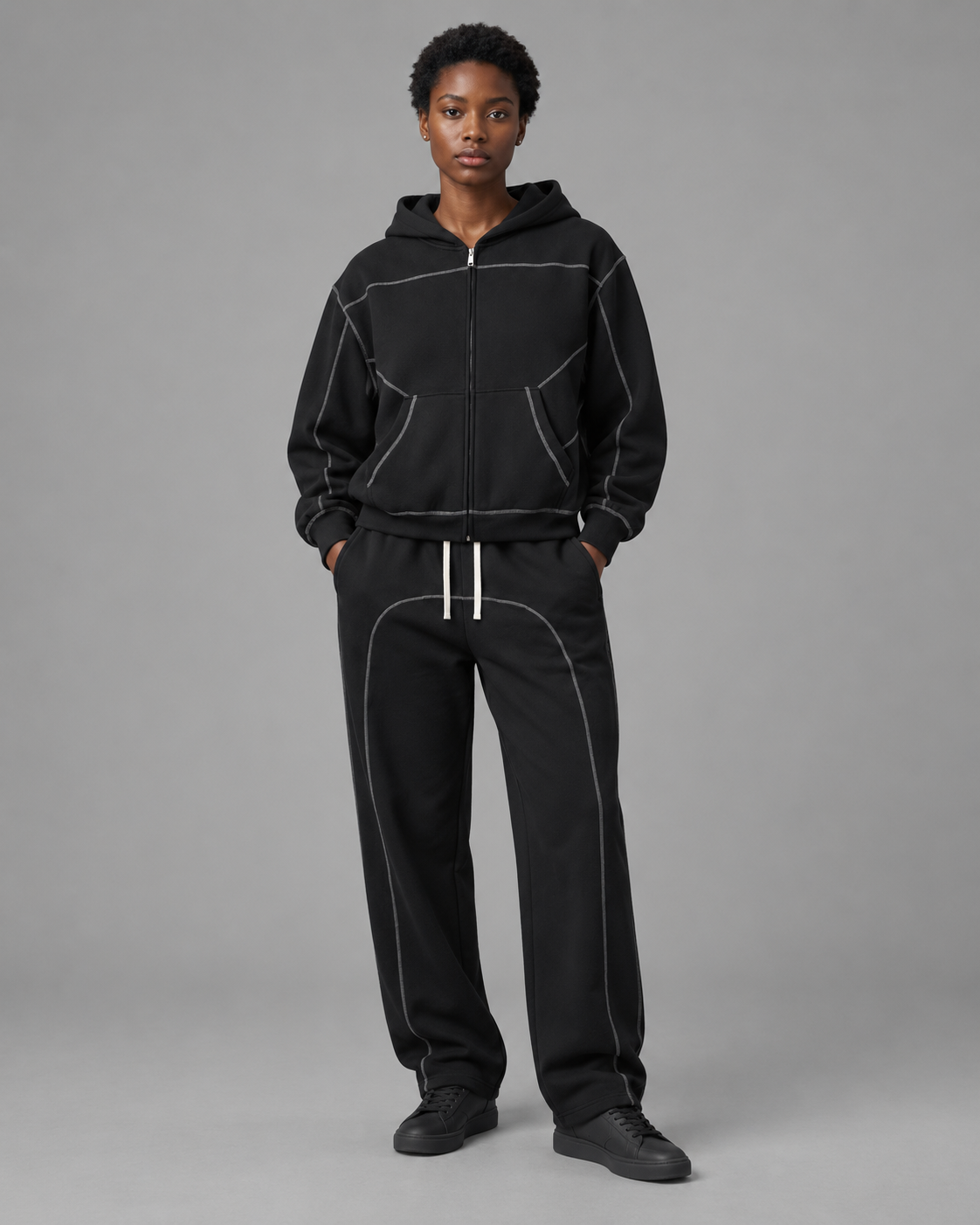 Contrast-Stitched Boxy Fleece Zip Hoodie