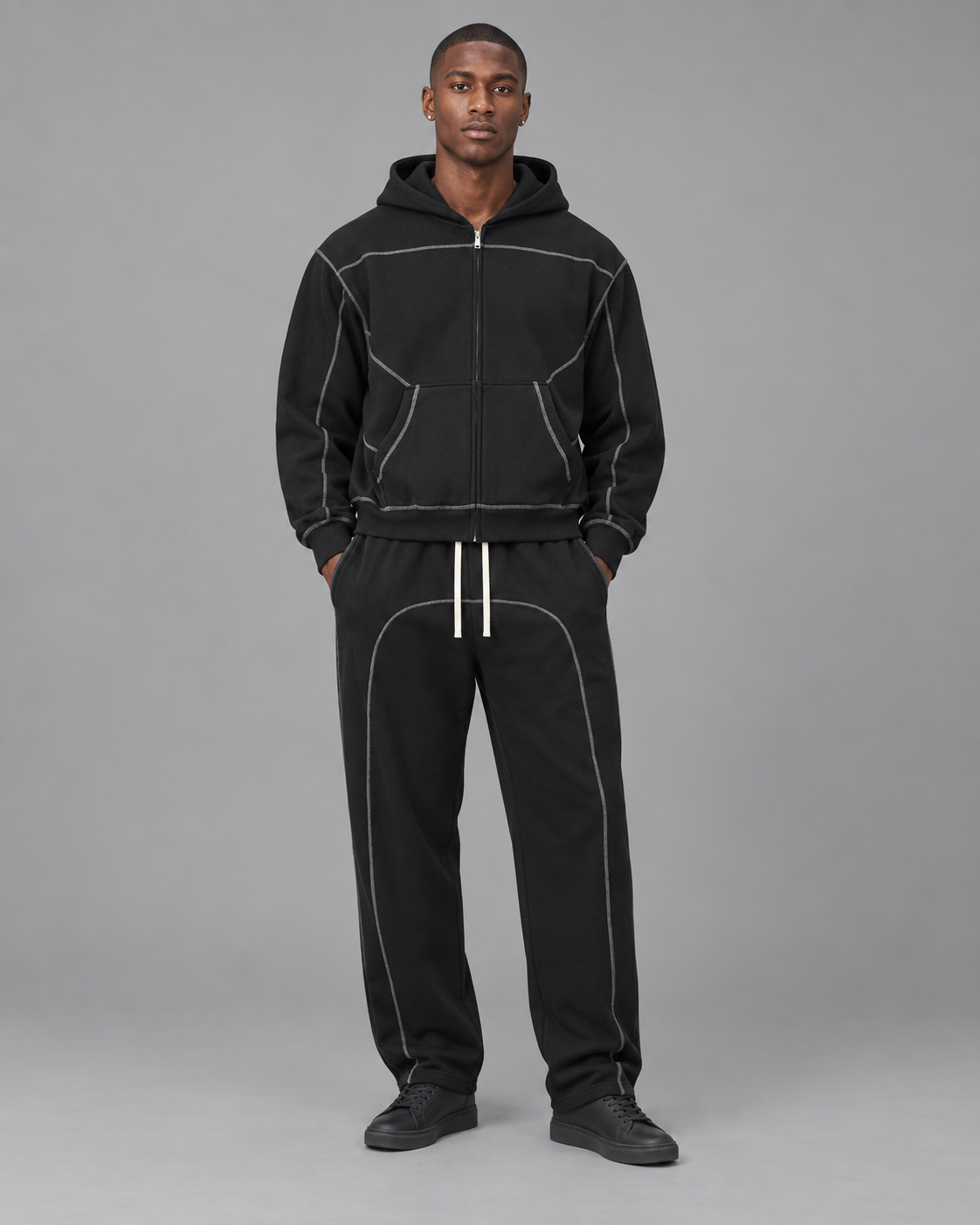 Contrast-Stitched Boxy Fleece Zip Hoodie